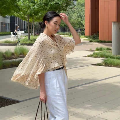 Women’s transparent polka dot chiffon cropped blouse with tie band, ruffles and cape cut EVA-US
