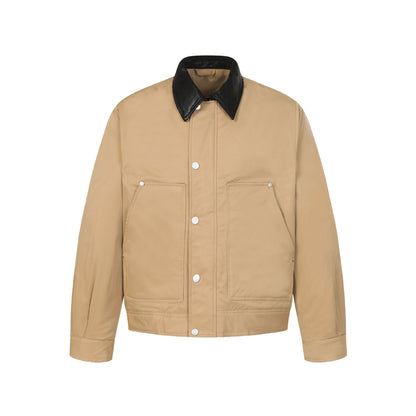 Unisex Short Boxy Quilted Blouson Jacket with Contrasting Leather-Look Collar EVA-US