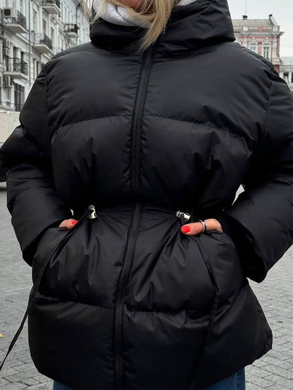 Women's Padded Fitted Quilted Jacket with Drawstring & High Standing Collar EVA-US