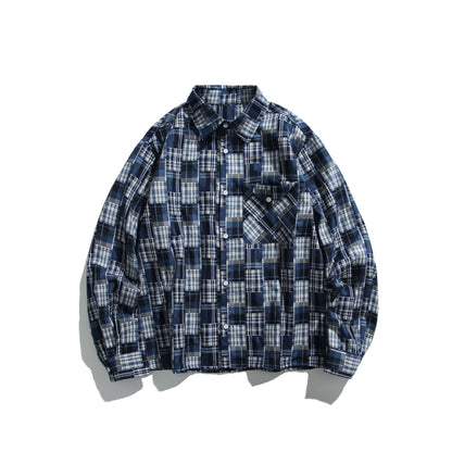 Unisex patchwork check shirt jacket in oversized boxy cut with chest pocket and Kent collar EVA-US