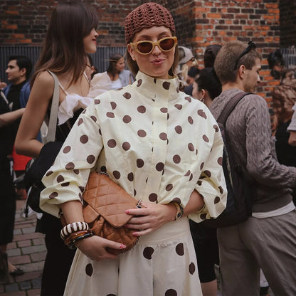 Women's Boxy Shirt Jacket with Stand Collar, Balloon Sleeves, and Large Polka Dot Print EVA-US