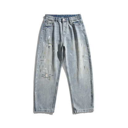 Unisex Casual Relaxed-Fit Jeans with High Waist and Paint-Distress EVA-US