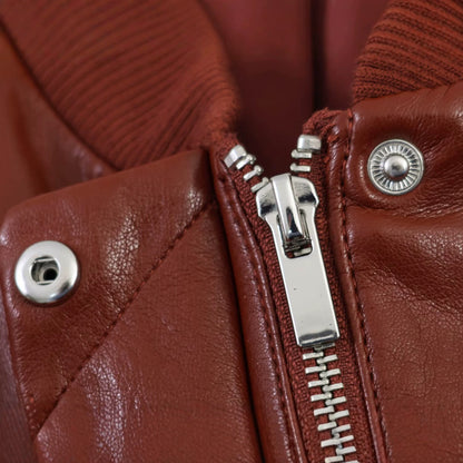 Women's Shiny Faux Leather Bomber Jacket with Ribbed Collar, Concealed Snap Button Placket and Kangaroo Pockets EVA-US