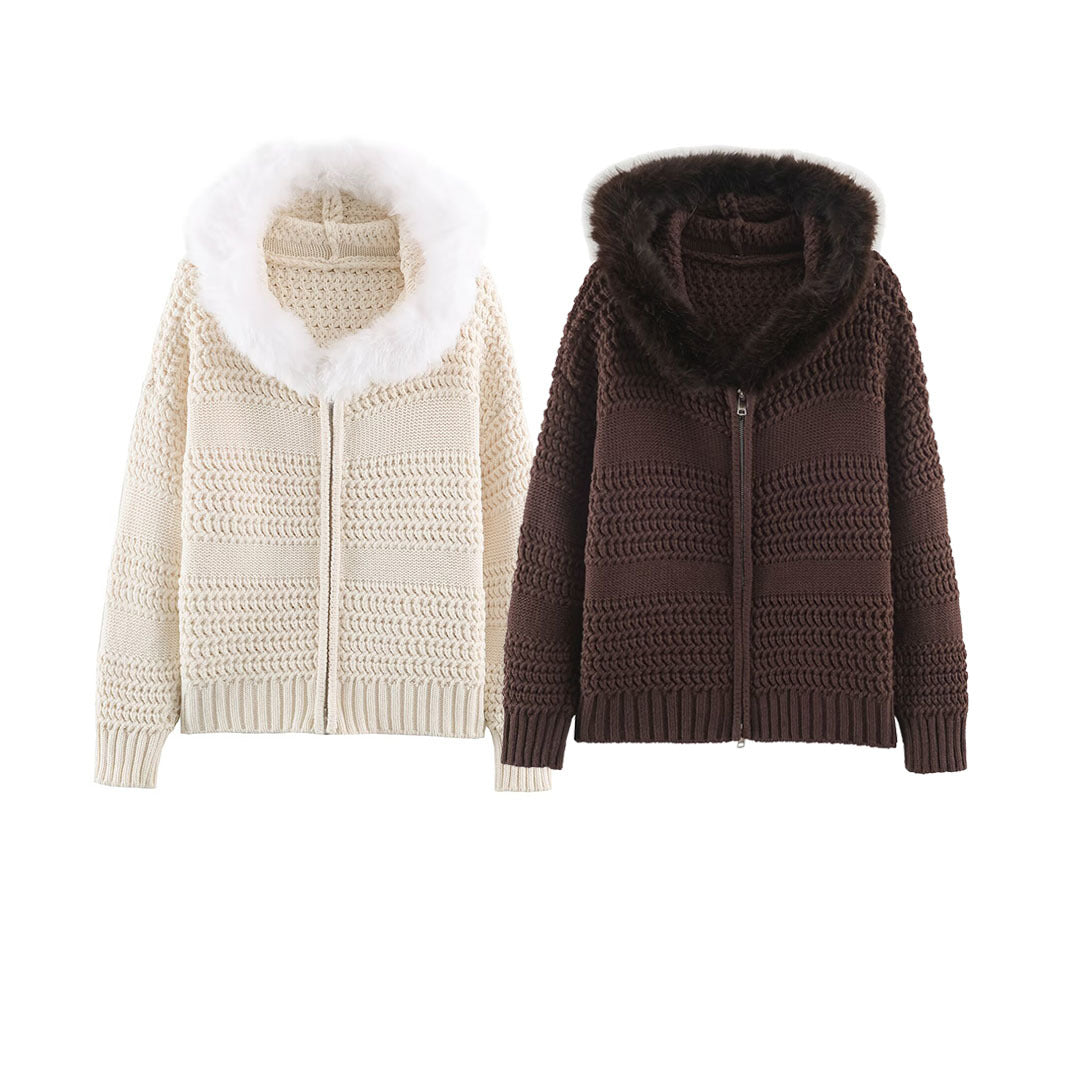 Women's chunky knit cardigan with zipper and faux fur hood EVA-US