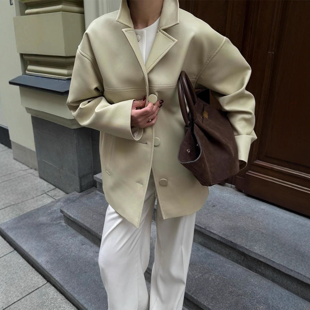 Women Boxy Oversized Blazer Jacket made of vegan leather imitation with dropped shoulder EVA-US