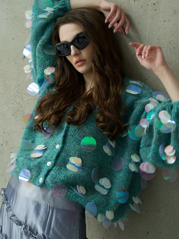 Women's Chunky Knit Mohair Cardigan with Oversized Sequins and Boxy Silhouette EVA-US