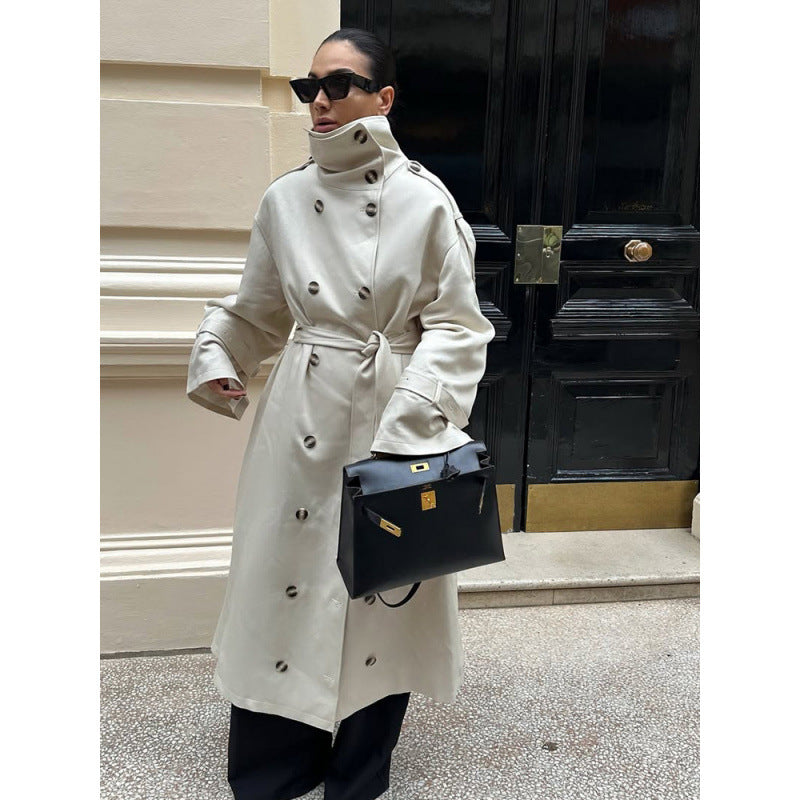 Women's Long Oversized Trench Coat with High Stand Collar, Bell Sleeves and Tie Belt EVA-US