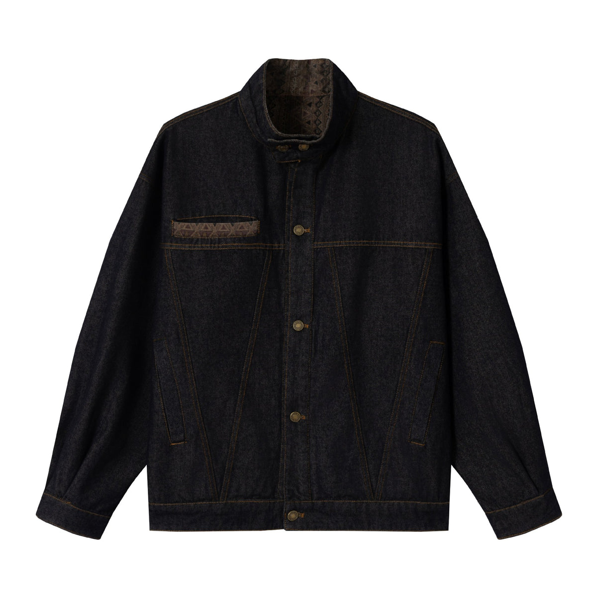 Unisex Oversized Denim Jacket with Funnel Neck and Decorative Chest Flap EVA-US