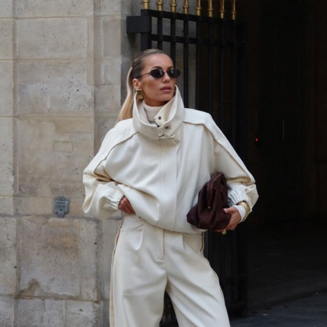 Women's Two-Piece Oversized Jacket and Pleated Pants Set with High Stand Collar EVA-US