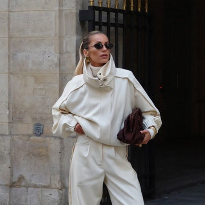 Women's Two-Piece Oversized Jacket and Pleated Pants Set with High Stand Collar EVA-US