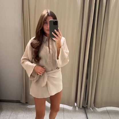 Ladies Lightweight Crinkle Two-Piece with Oversized Shirt and Wrap Mini Skirt EVA-US