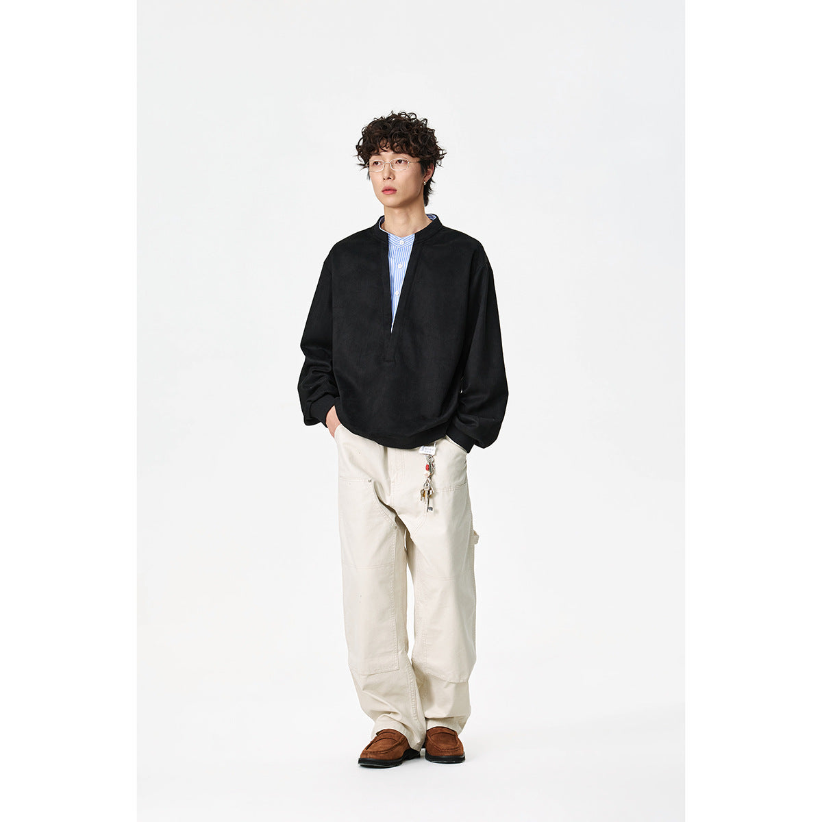Unisex Oversize Sweatshirt with deep V-neck and integrated shirt collar insert EVA-US