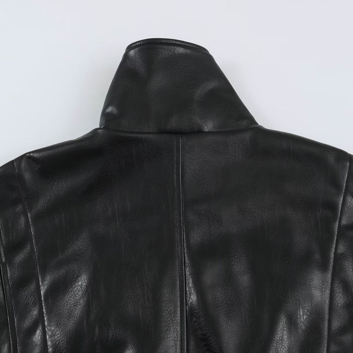 Women's Oversized Leather Look Blouson Jacket with Stand-up Collar and Elastic Hem EVA-US