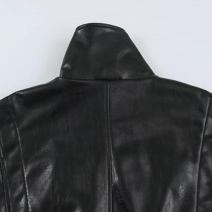 Women's Oversized Leather Look Blouson Jacket with Stand-up Collar and Elastic Hem EVA-US