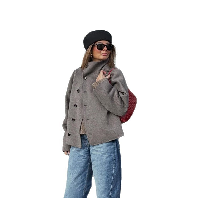 Women's Short Wool Blend Coat with Asymmetrical Button Placket and High Standing Collar EVA-US