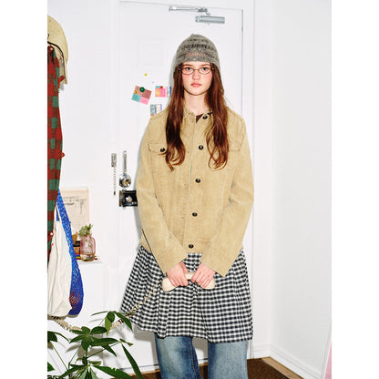 Women's short cord jacket with fringing, shirt collar and flap pockets EVA-US