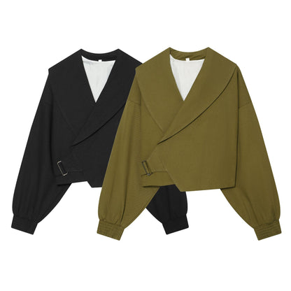Women's short jacket with wide sailor collar, balloon sleeves, and asymmetrical buckle closure EVA-US