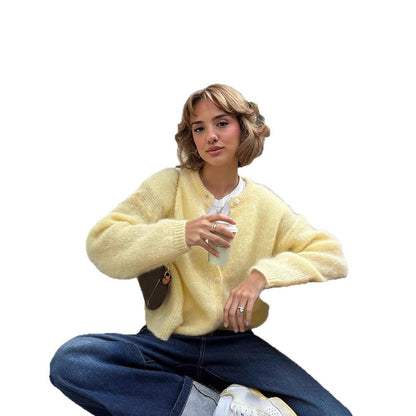 Women's Fluffy Short Jacket made of Mohair Mix with Round Neck and Boxy Silhouette EVA-US