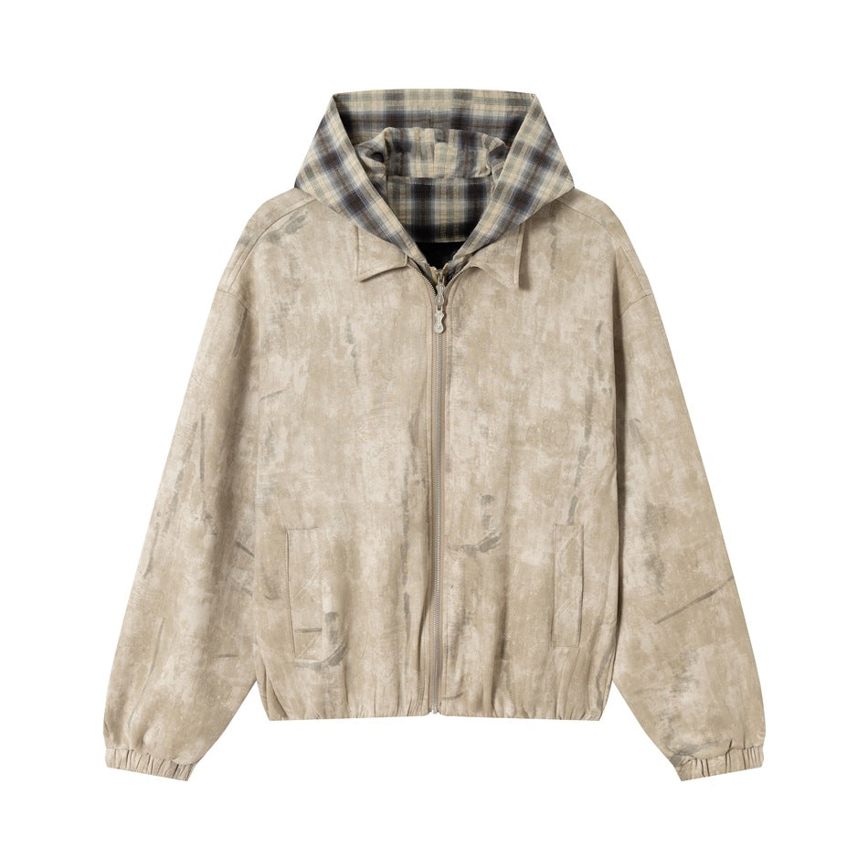 Unisex Short Cut Boxy Jacket in Suede Look with Checked Lined Hood EVA-US