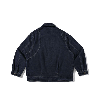 Unisex Boxy Denim Jacket in Workwear Style with Distinctive Round Pockets EVA-US