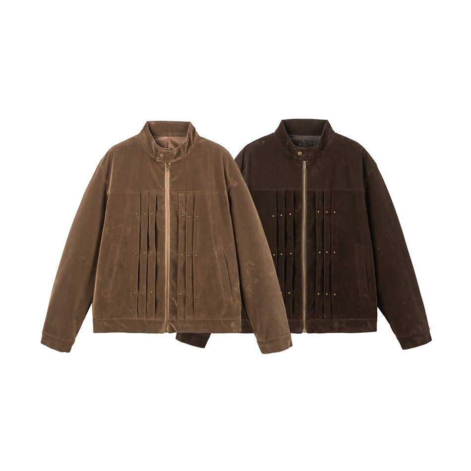 Men's Velour Leather Look Blouson Jacket with Pleated Yoke and Stud Detail EVA-US
