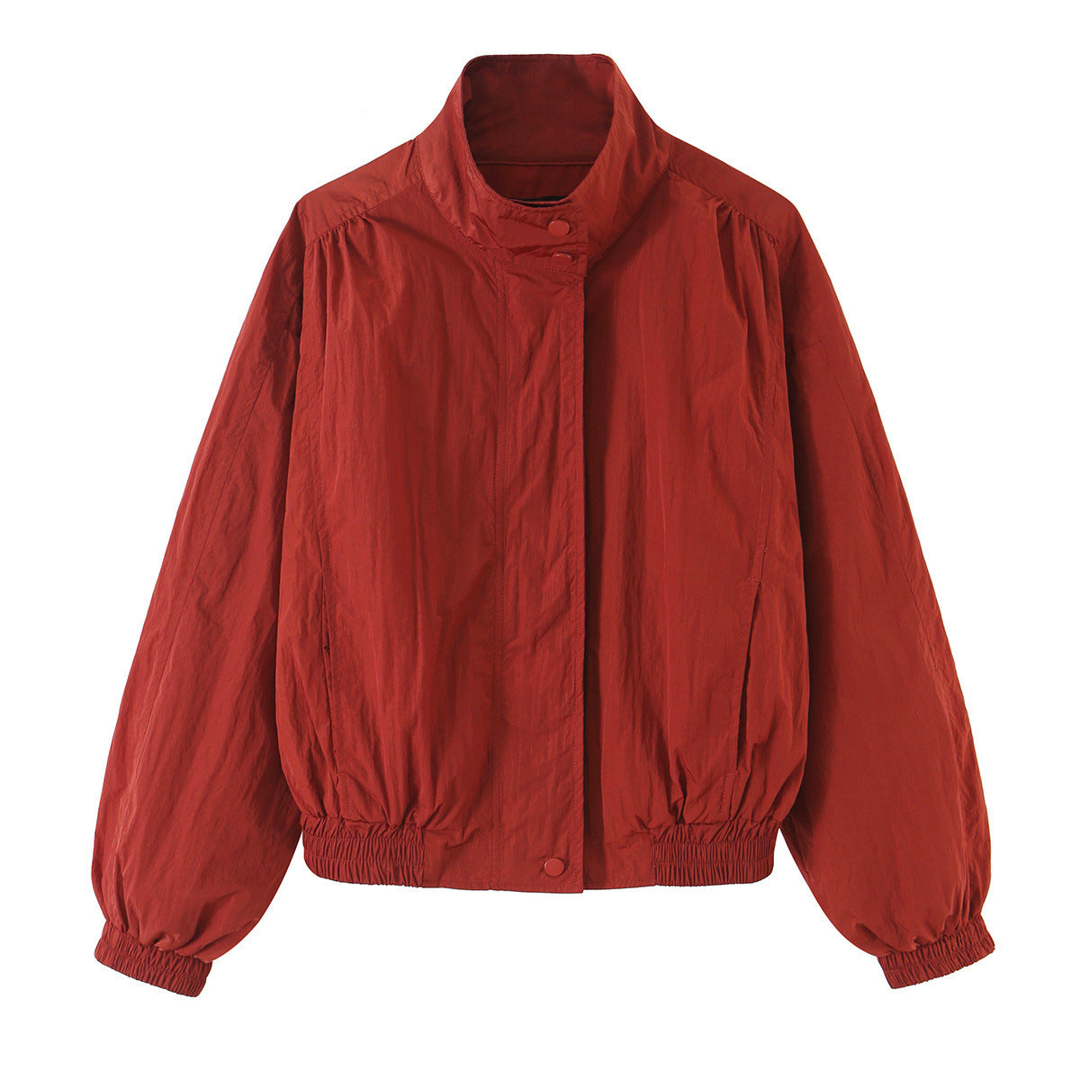Women's Lightweight Cropped Bomber Jacket with Stand Collar, Elastic Hem and Snap Button Placket EVA-US