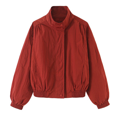 Women's Lightweight Cropped Bomber Jacket with Stand Collar, Elastic Hem and Snap Button Placket EVA-US