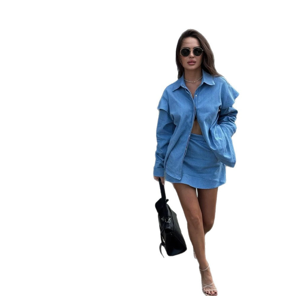 Women's Two-Piece Denim Set with Oversized Shirt Jacket and Mini Skirt EVA-US