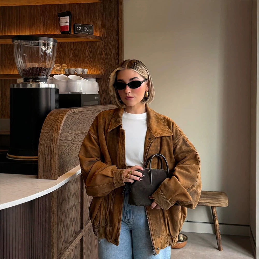 Women's Oversized Suede Bomber Jacket with Elastic Hem EVA-US