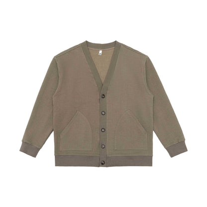Unisex Waffle Structure Cardigan with V-Neck, Button Placket and Patch Side Pockets EVA-US