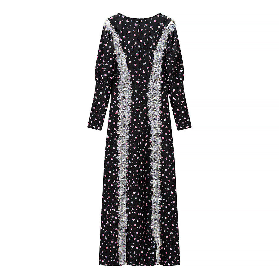 Ladies max dress with lace insert, long sleeves and floral all-over print EVA-US