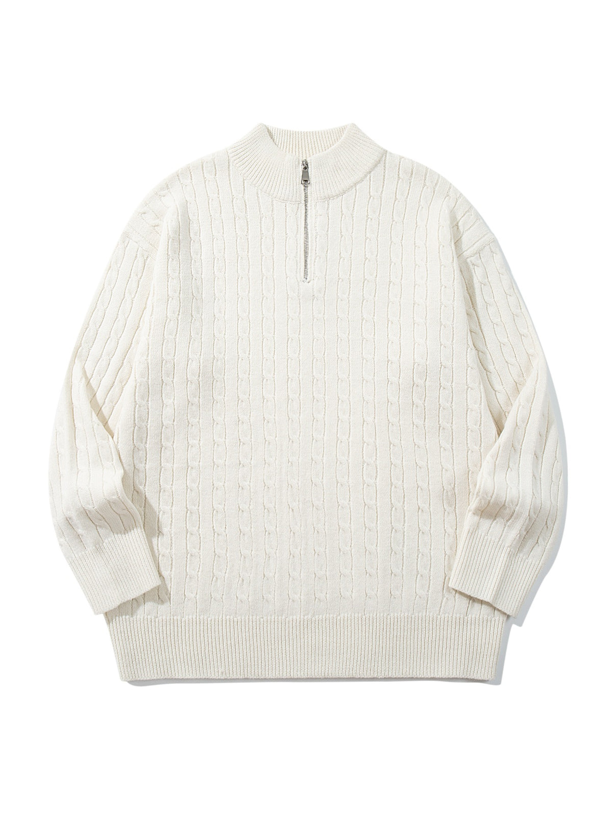 Unisex Cable Knit Half-Zip Sweater with High Ribbed Collar and Longer Hem EVA-US