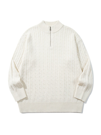 Unisex Cable Knit Half-Zip Sweater with High Ribbed Collar and Longer Hem EVA-US