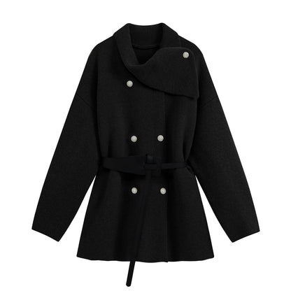 Women's Short Blouson Coat in Cocoon Cut with Asymmetrical Shawl Collar and Waist Belt EVA-US