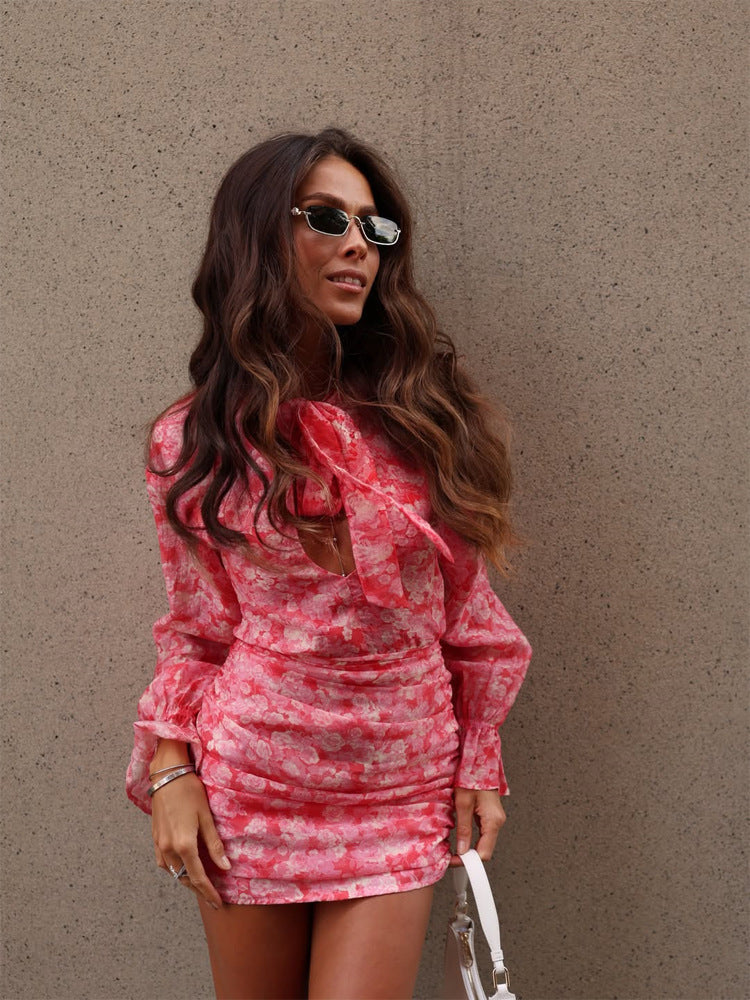Women's Floral Ruched Mini Dress with Bow Neck Scarf, Cut-Out and Long Sleeves EVA-US