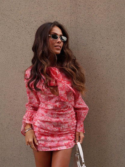 Women's Floral Ruched Mini Dress with Bow Neck Scarf, Cut-Out and Long Sleeves EVA-US