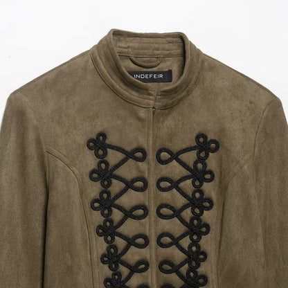Women's Cropped Velvet Jacket with Military Decorative Cord and Tailored Cut EVA-US