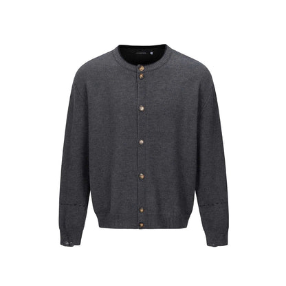 Unisex Simple Cardigan with Round Neck, Wooden Button Placket and Ribbed Hem EVA-US