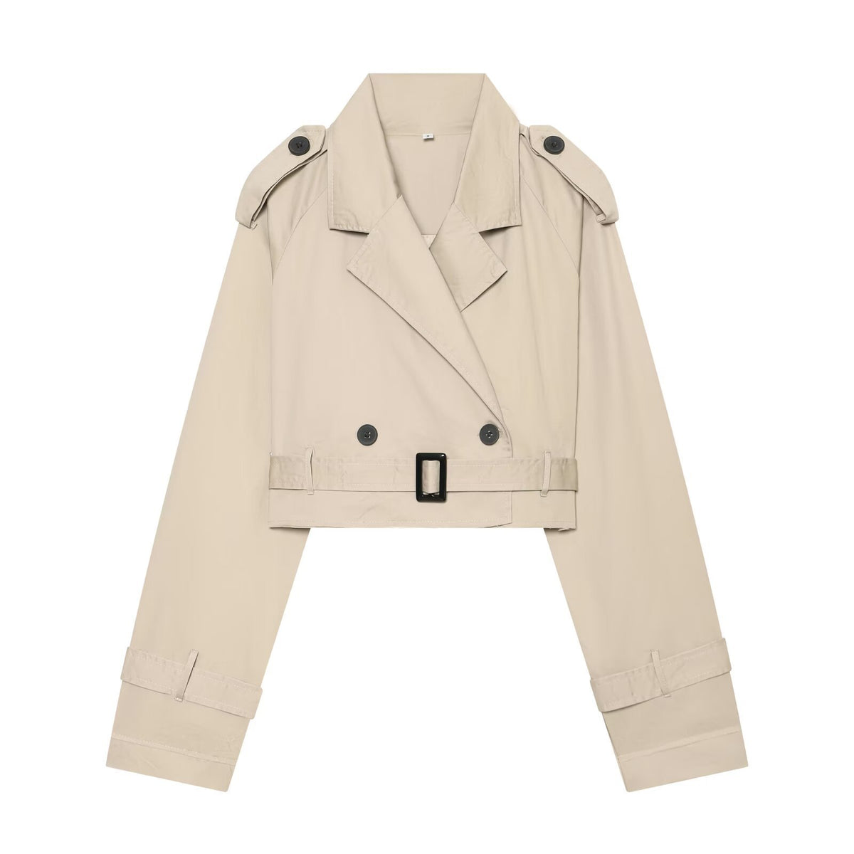 Women's short blouson trench coat with double-breasted button placket, shoulder epaulets, and waist belt EVA-US