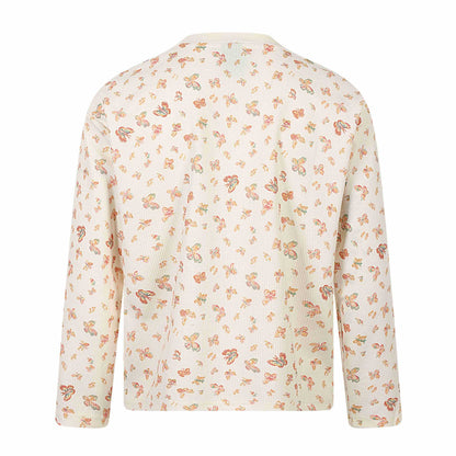 Women Waffle Knit Long Sleeve Shirt with Allover Butterfly Print and Round Neck EVA-US