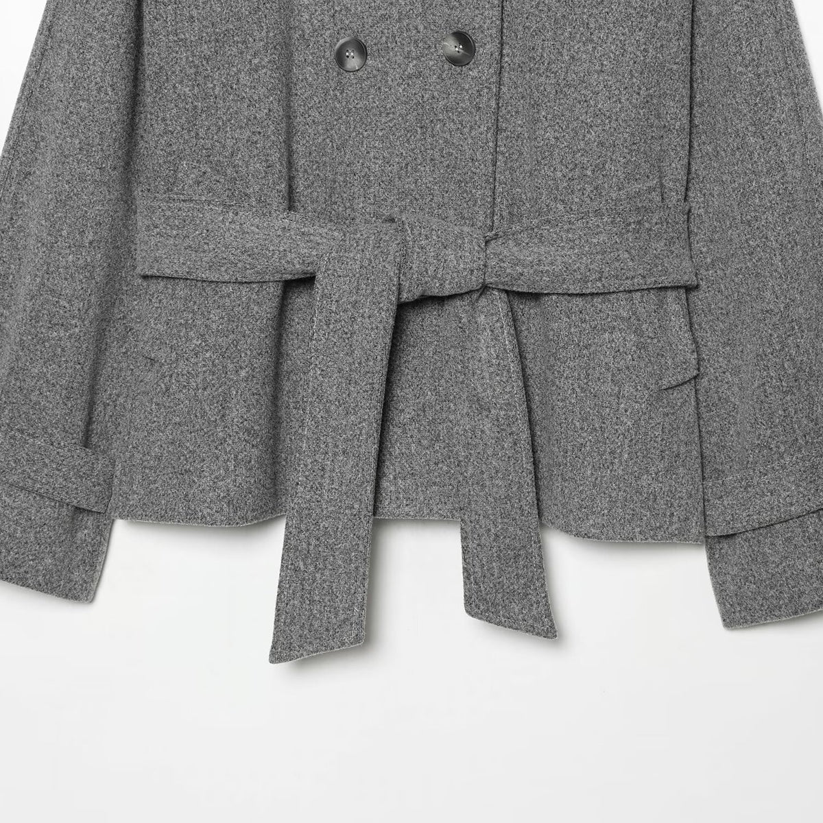 Women's cape transitional jacket in a short cut with a high collar, double button placket, and waist tie belt EVA-US