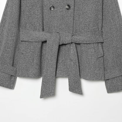 Women's cape transitional jacket in a short cut with a high collar, double button placket, and waist tie belt EVA-US