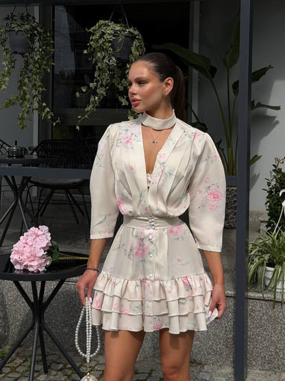 Women's Floral Chiffon Mini Dress with V-Neck, Waist Belt & Ruffle Layers EVA-US