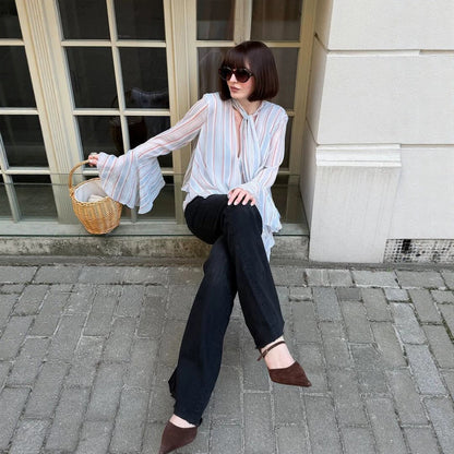 Women's Striped Chiffon Blouse with Tie Bow, Ruffle Hem & Bell Sleeves EVA-US