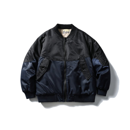 Unisex Short Cut Two-Tone Nylon Bomber Jacket with Utility Flap Pockets and Sleeve Zipper EVA-US