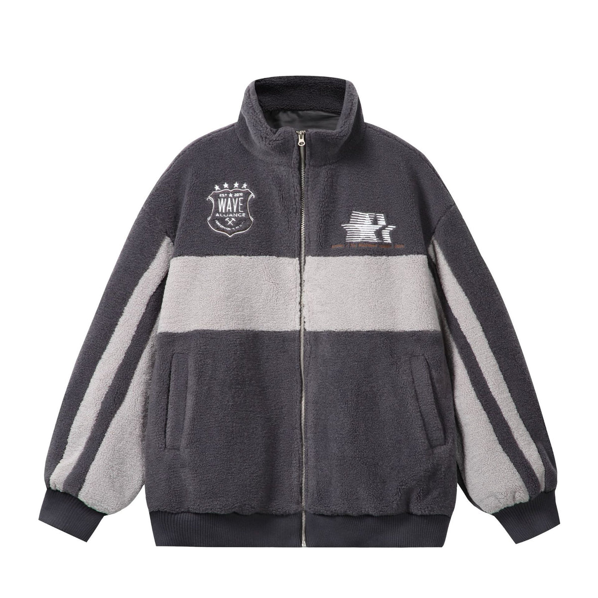 Unisex Sherpa fleece jacket in boxy cut with stand-up collar, block stripes and embroidery details EVA-US