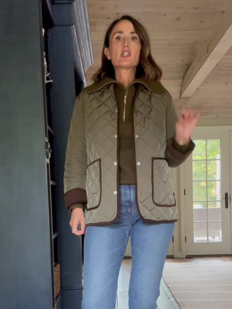 Ladies quilted field jacket with contrast piping, patch pockets & hip-length boxy silhouette EVA-US