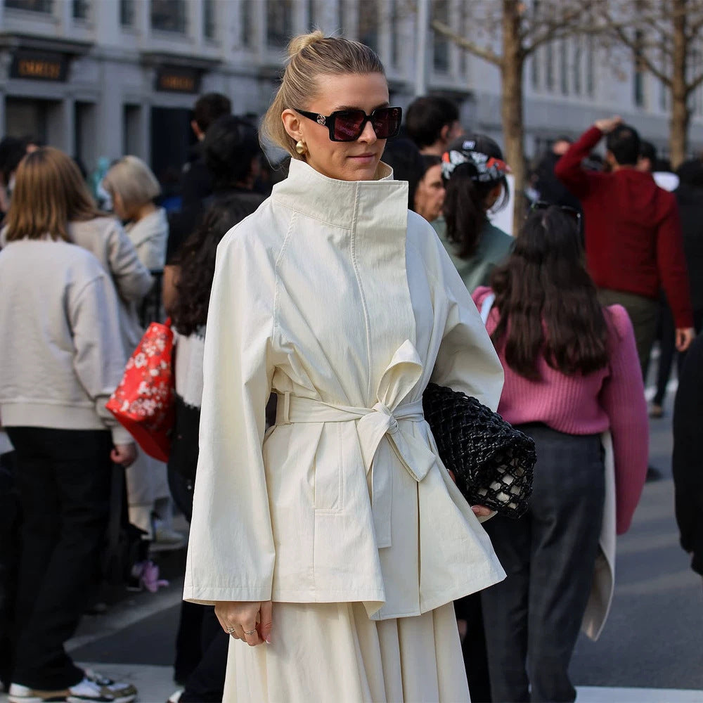 Women's Boxy Short Coat with High Stand Collar and Tied Belt EVA-US