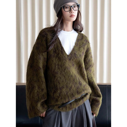 Women's Oversize V-Neck Sweater in Mohair Look with Voluminous Silhouette EVA-US