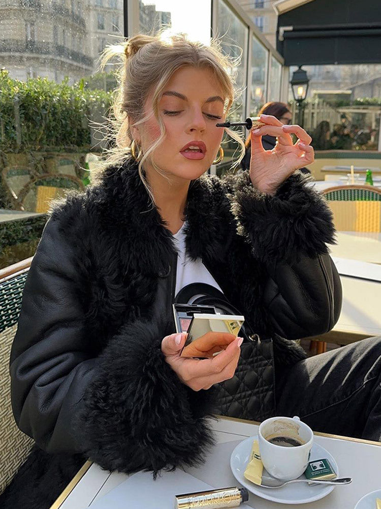 Women's Oversize Faux Leather Aviator Jacket with Voluminous Faux Fur Collar and Teddy Cuffs EVA-US